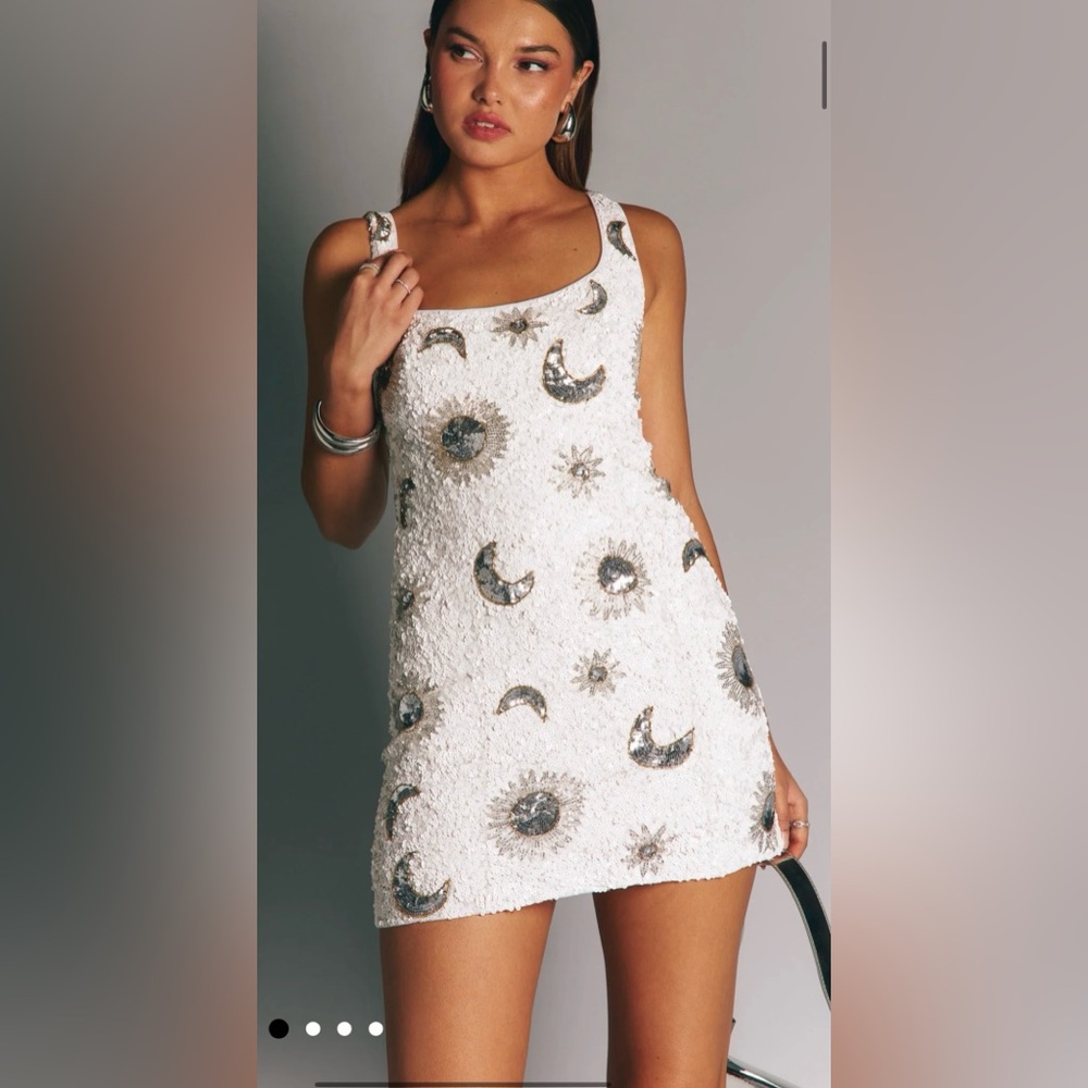 Show Me Your Mumu Lets Go Mini Dress Celestial, white and silver, medium